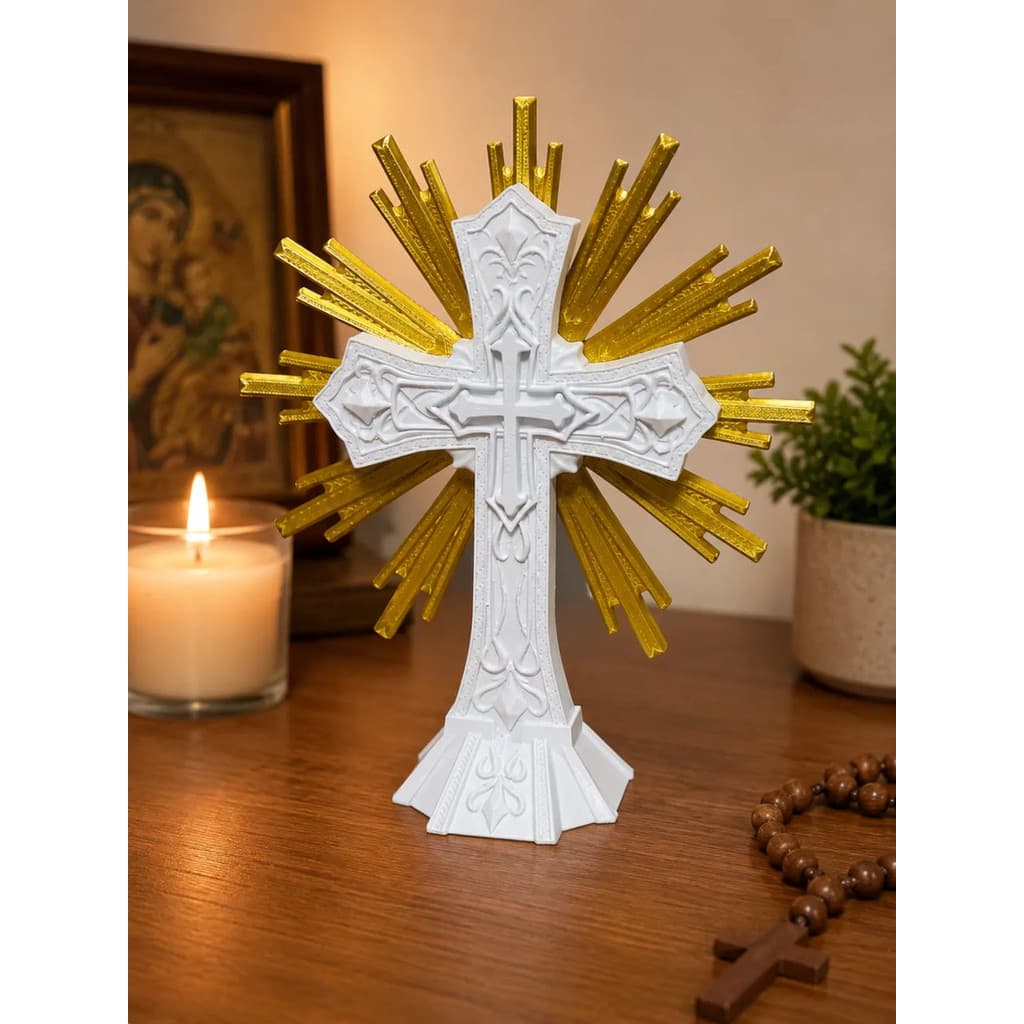 Cruz Decorativa Religiosa Com Raios Dourados 21,5 Cm