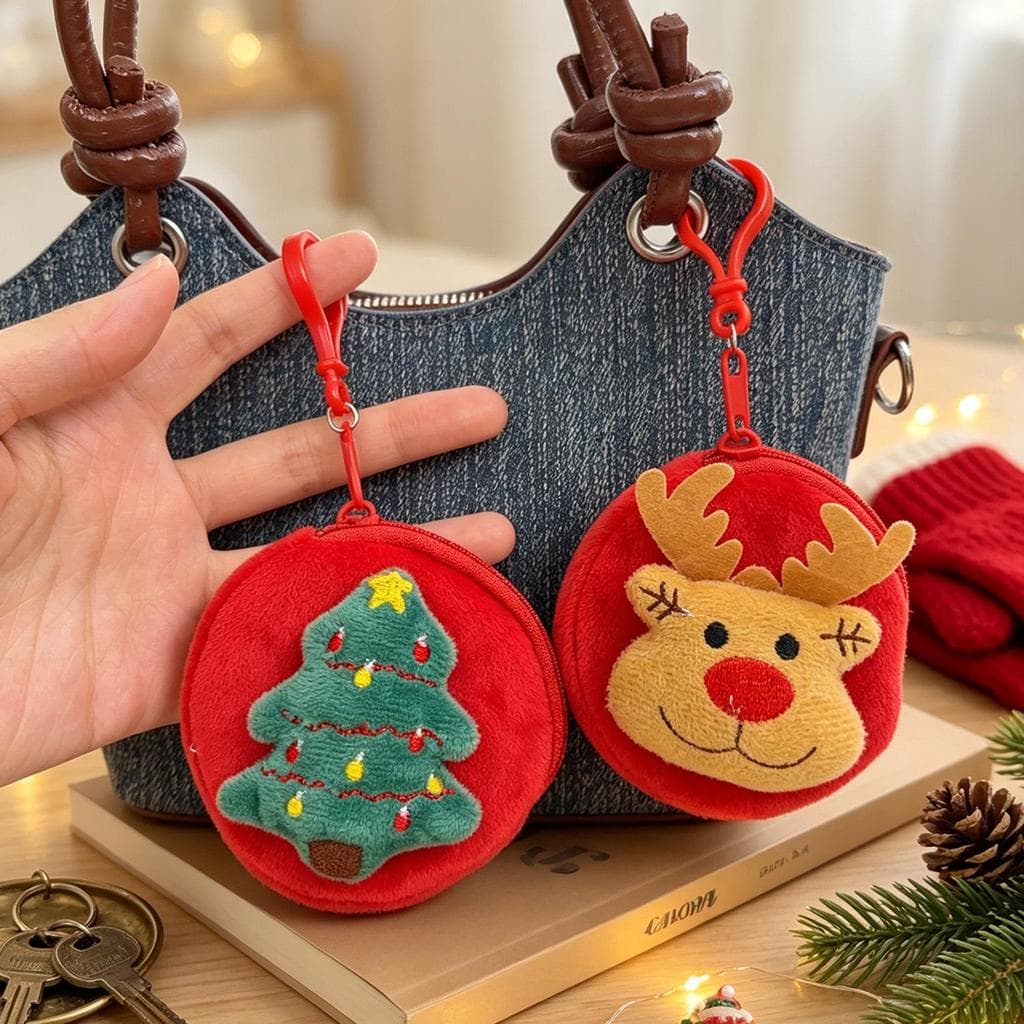 Bolsa De Moedas Com Tema De Natal De Flanela Anti-Pilling Macia-Fecho Lagosta-Zíper Decoração De Padrão De Desenho Anima