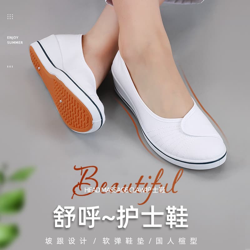 Sapatos de enfermagem femininos em preto e branco, com salto anabela, sola macia e sola de borracha, confortáveis e resp