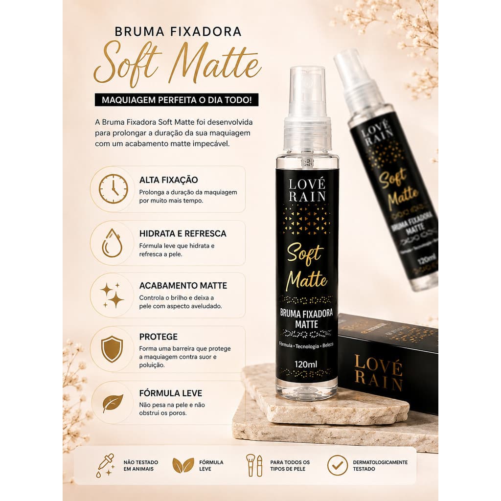 Bruma Fixadora de Maquiagem Soft Matte com Alta Fixação e Hidratação de Longa Duração Love Rain 120ml