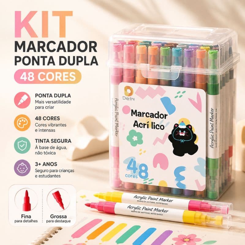 Marcador Acrílico Kit Multicor Caneta Duas Pontas Fina Grossa para Madeira Pedra Vidro Lettering