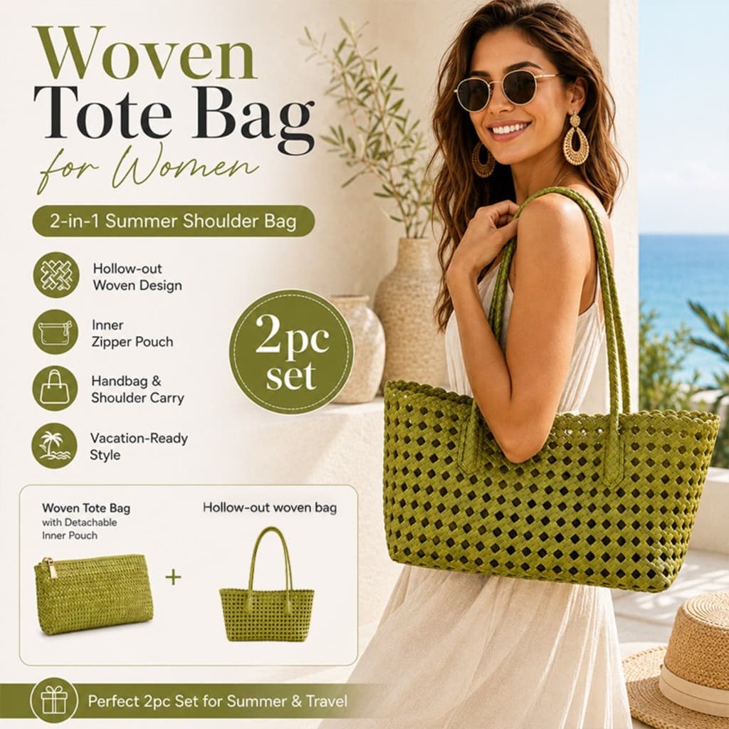 ⭐ Bolsa Tote Feminina De Tecido 2 Em 1 – De Ombro Oca De PU Com Zíper Removível , Cesta De Viagem De Praia De Verão Casu