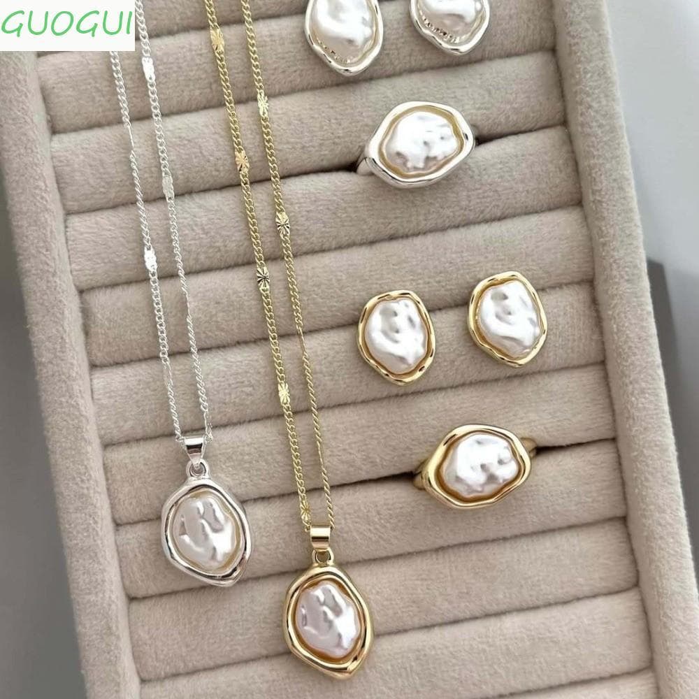 Conjunto De Joias De Imitação De Pérola GUOGUI , Anel De Brincos De Colar Barroco Ajustável , Leve
