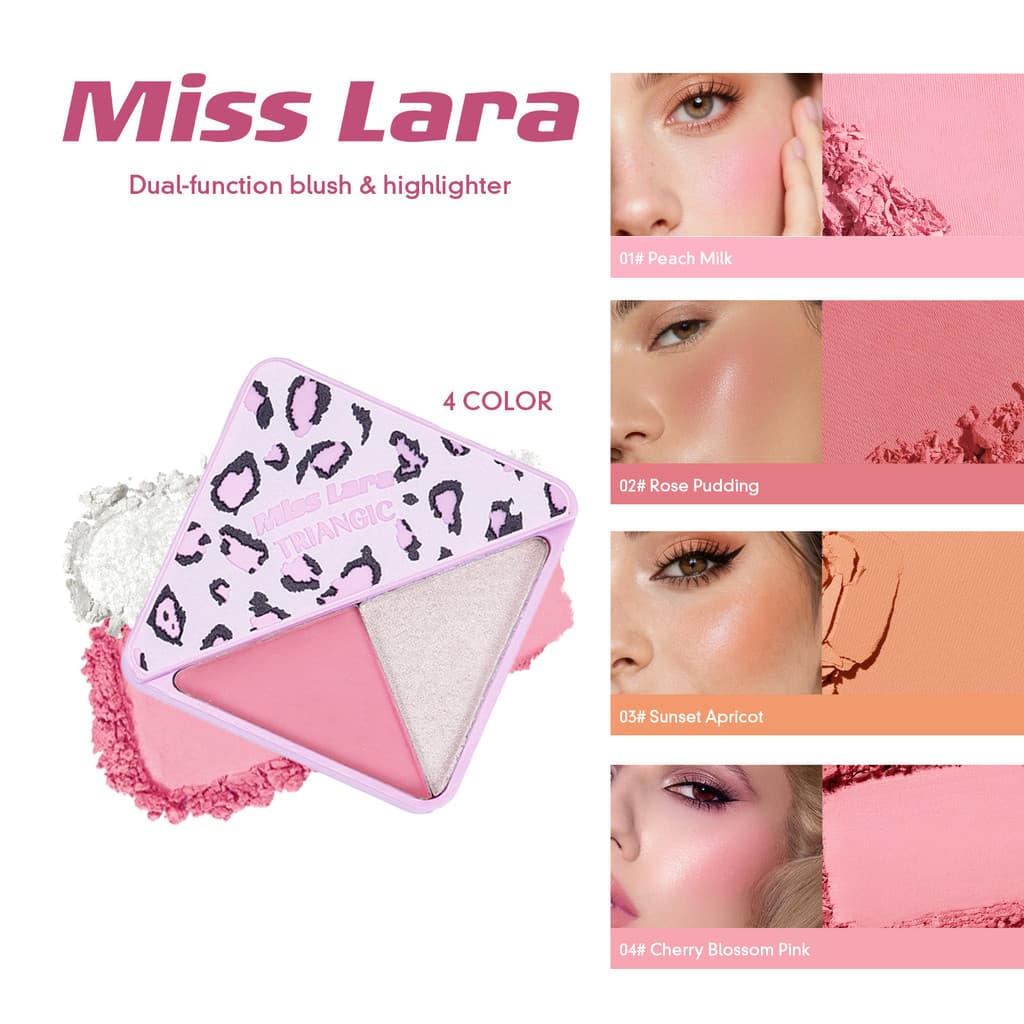 Paleta de Pó 2 em 1 para Blush e Iluminador MissLara, Estampa de Leopardo, Triângulo Vermelho, Paleta de Iluminação com