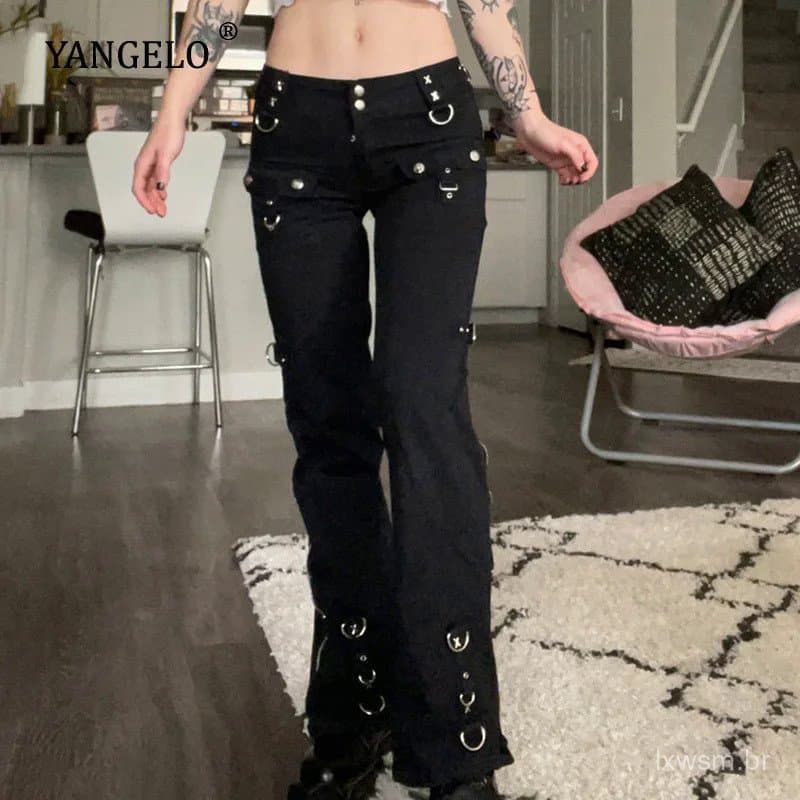 Yangelo Calça Jeans Feminina Estilo Dark Punk Y2k Grunge Cintura Baixa Emo Mall Gothic Preta com Patchwork Electro Moda