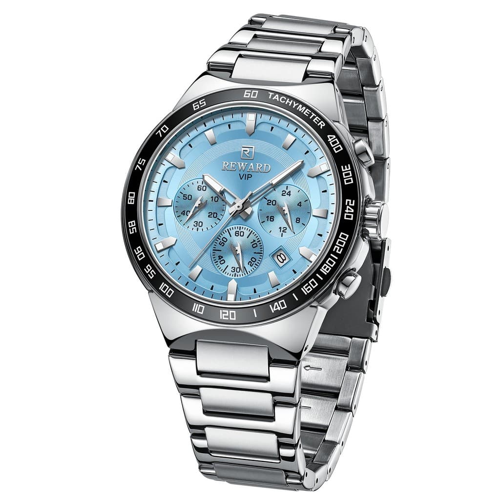 Recompensa multifuncional esportes quartzo relógio masculino pulseira de aço inoxidável três olhos medidor de seis ponte