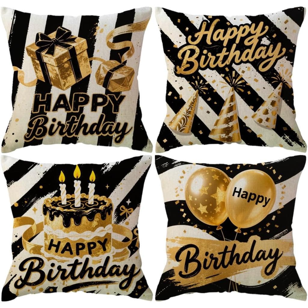 Conjunto de 4 Capas de Almofada de Aniversário com Padrão de Bolo, Balões e Presentes, Capas de Almofada Quadradas para