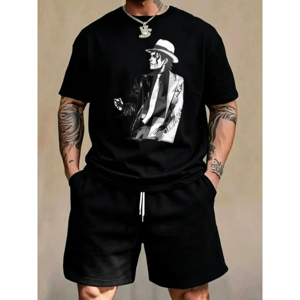 Camiseta casual masculina de manga curta com gola redonda e estampa de retrato desenhado à mão de Michael Jackson