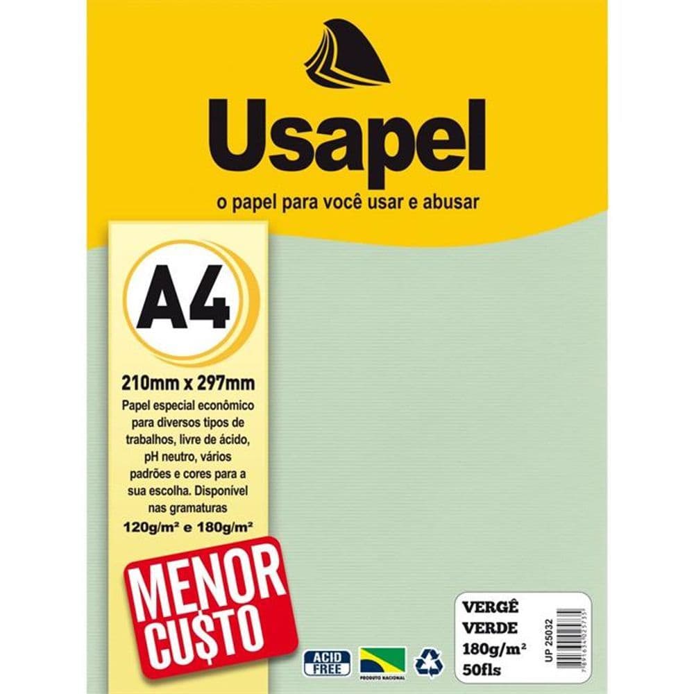 PAPEL USAPEL VERGE 180G 50F A4 - VERDE