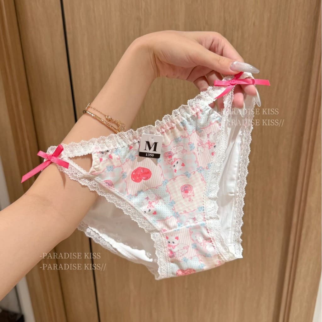 Doce legal gatinho bonito dos desenhos animados impresso calcinha feminina estilo doce contraste cor Bowknot calcinha de