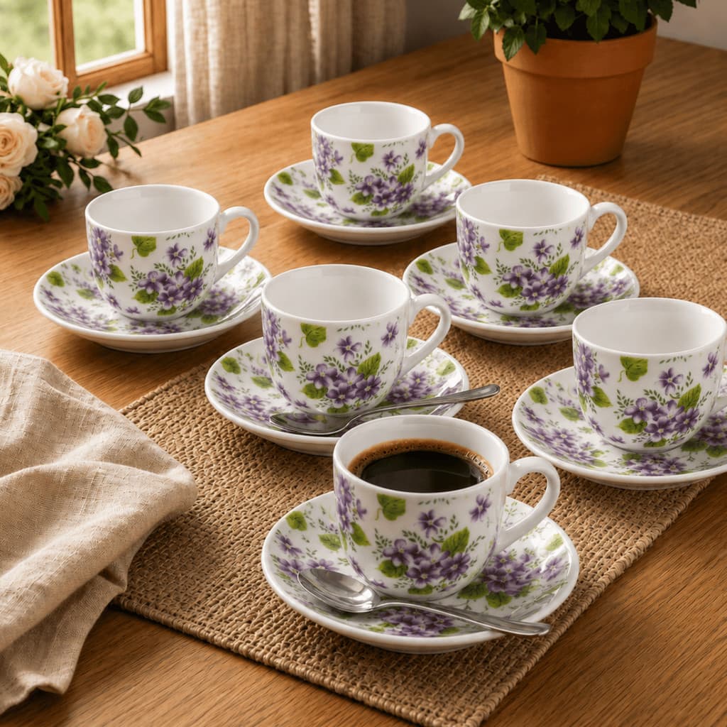 Jogo 6 Xícaras 60ml Porcelana com Pires Violeta - Yazi / Café e Chá / Cozinha / Elegante / Kit, Jogo