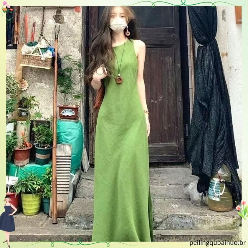 Vestido verde início do verão novo estilo high-End sentimento temperamento Super bonito fino-ajuste alta sem mangas cole