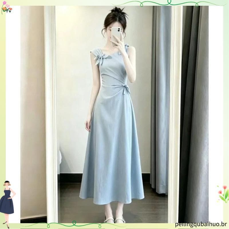 Estilo coreano estilo suave arco nó Design plissado gola inclinada sem mangas vestido feminino 2026 verão novo estilo sa