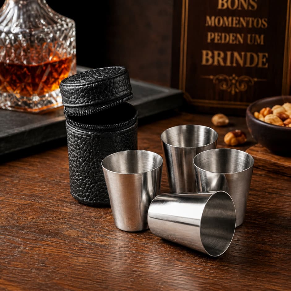 Kit 4 Copo Inox 30ml Estojo Porta Copo Dose Whisky Cachaça Viagem Bar