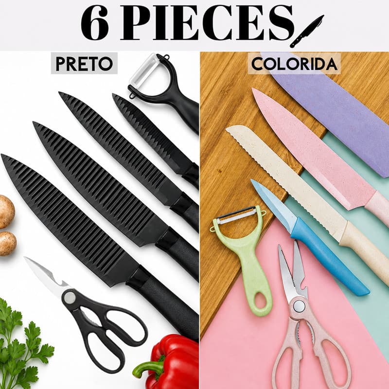 Kit de 6 Facas Churrasco inox cozinha Profissional Antiaderente-envio imediato