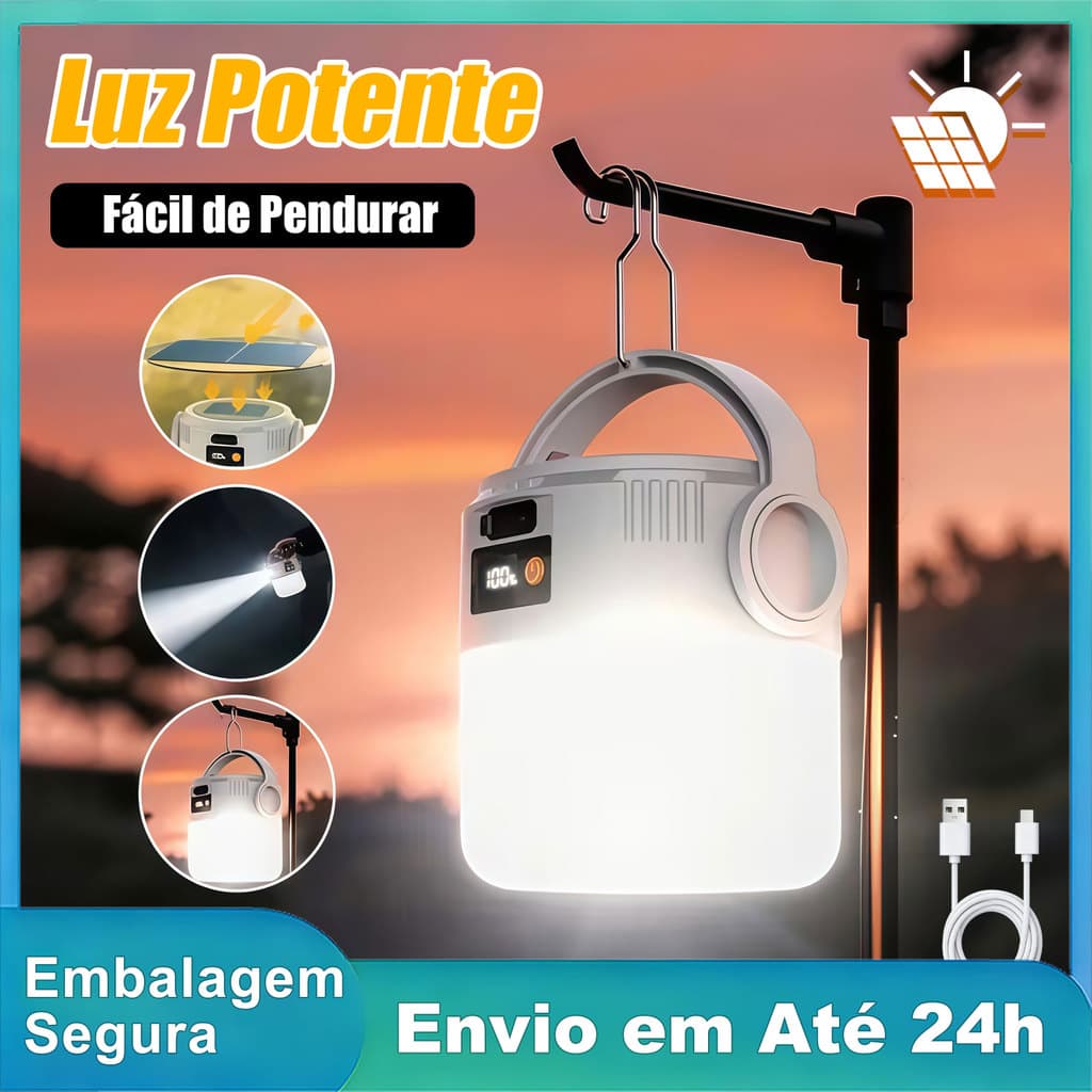 Lâmpada Solar Camping Lampião Led Potente Recarregável Barraca Lamparina Luz de Emergência Portátil