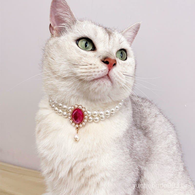 Coleira para gatos e cães, colar luxuoso de pedras preciosas e pérolas, de dupla camada, adequado para gatos alemães e s
