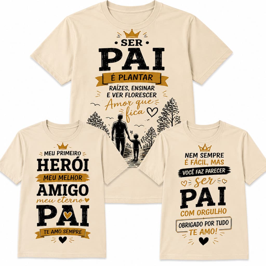 Kit 3 Camisetas Dia dos Pais Pai Herói e Filhos Presente Criativo Estampado 100% Algodão
