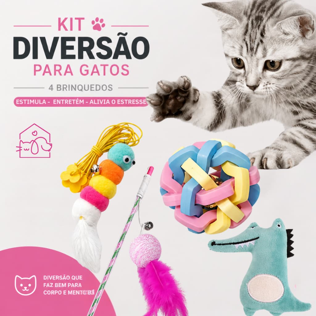 Brinquedos para Gatos com Varinha Pelúcia Catnip Bola Sino e Centopéia com Ventosa 4 Peças