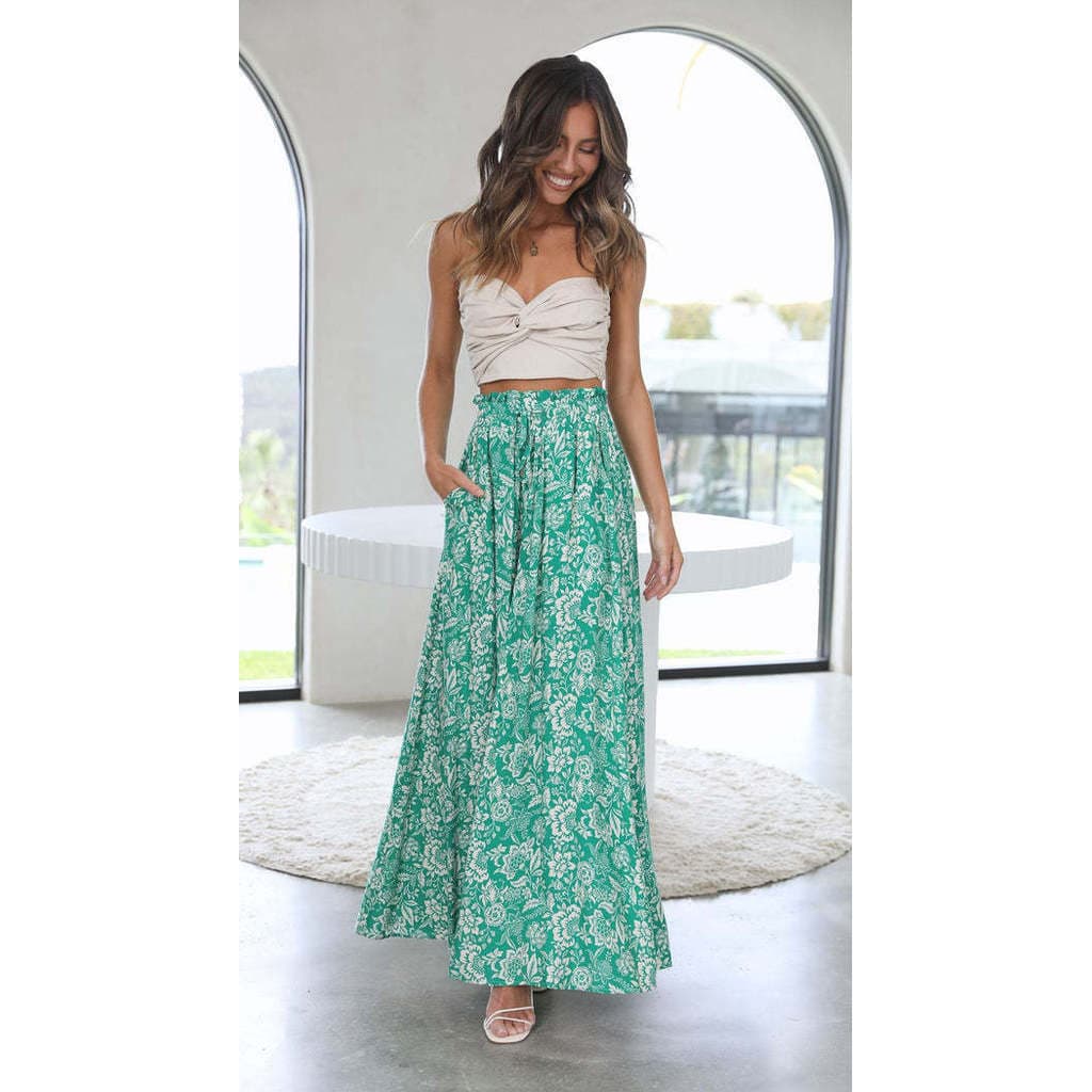 Saia Longa Com Estampa Floral De Cintura Alta , Maxi Feminina Verde Solta De Perna Larga Para Praia Holid