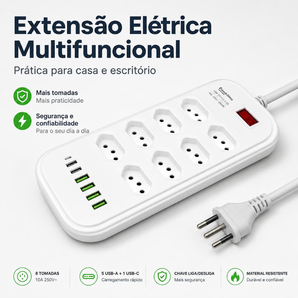 Extensão Elétrica 8 Tomadas 5 USB + USB-C Régua de Tomada 10A 250V Chave Liga/Desliga Casa Escritório 2M