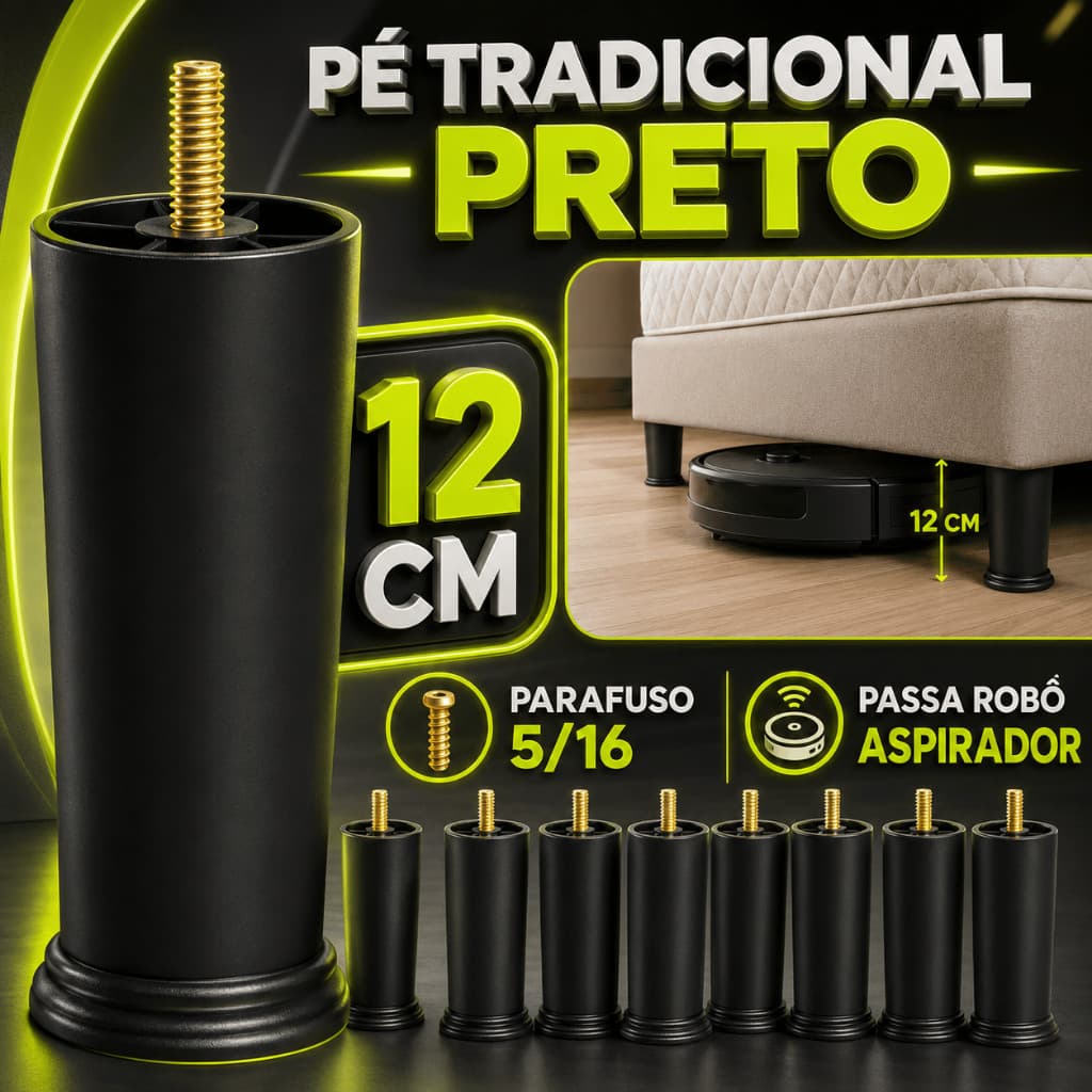 Kit 6 Pés para Cama Box Reforçados 12cm Não Balança Passa Robô Aspirador Alta Resistência
