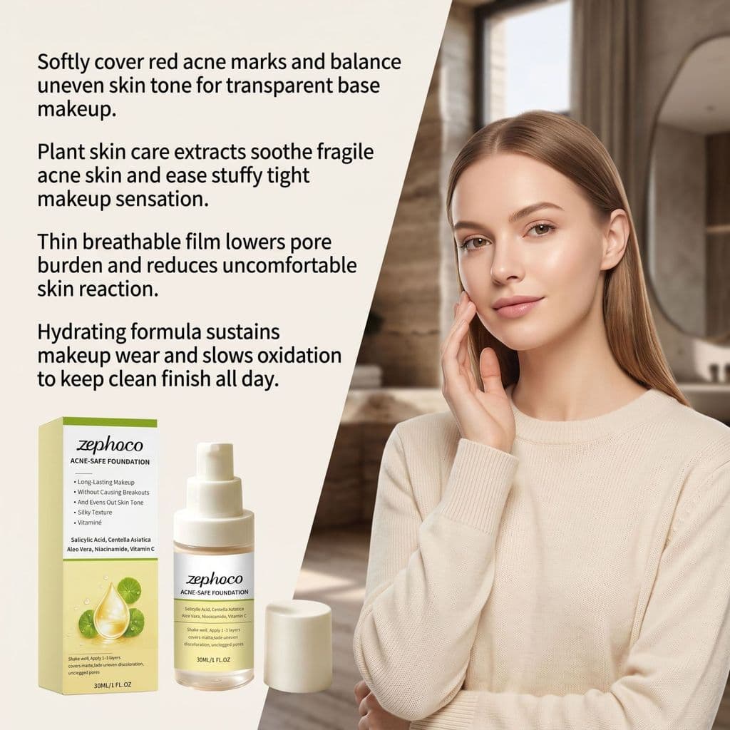 Base líquida zephoco para peles com tendência à acne, fórmula hidratante e suave, refrescante e confortável, cuida da pe