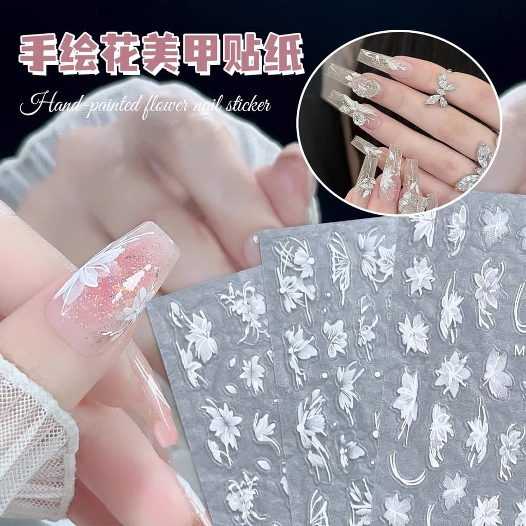 Manicure neve cortar borboleta pintados à mão flor adesivos em relevo branco pequena flor líquido oco adesivos de unhas