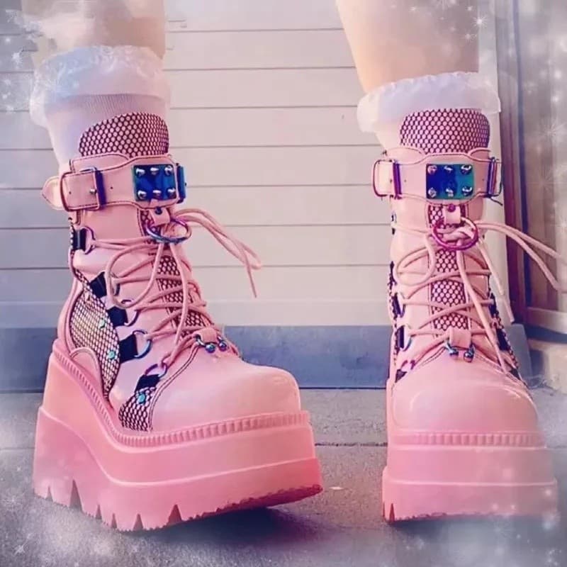 Botas Punk Femininas com Zíper, Plataforma, Salto Alto Grosso, Botins de Cano Curto, Calçados Femininos Estilosos, Botas