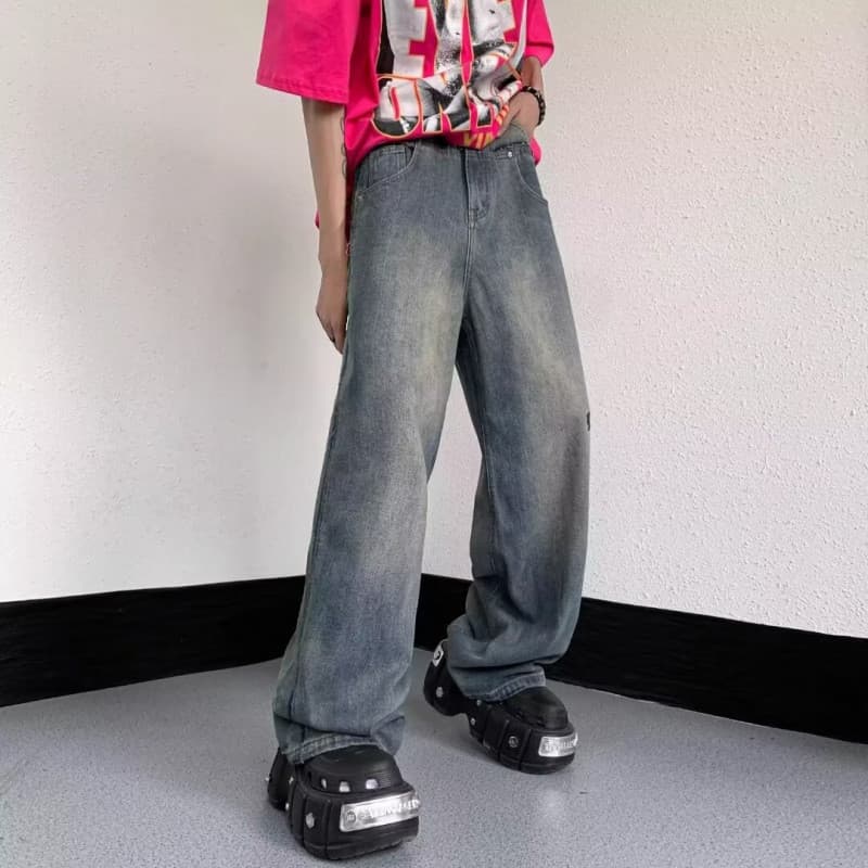 Americano Retro bordado Jeans masculino outono novo estilo ins Street Wear solto Casual perna larga em linha reta esfreg