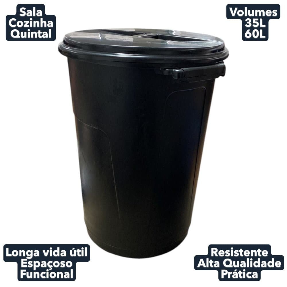 Lixeira Preta 35L 60L Tampa Robusta Cesto Lixo Multiuso Resistente Varanda Quintal