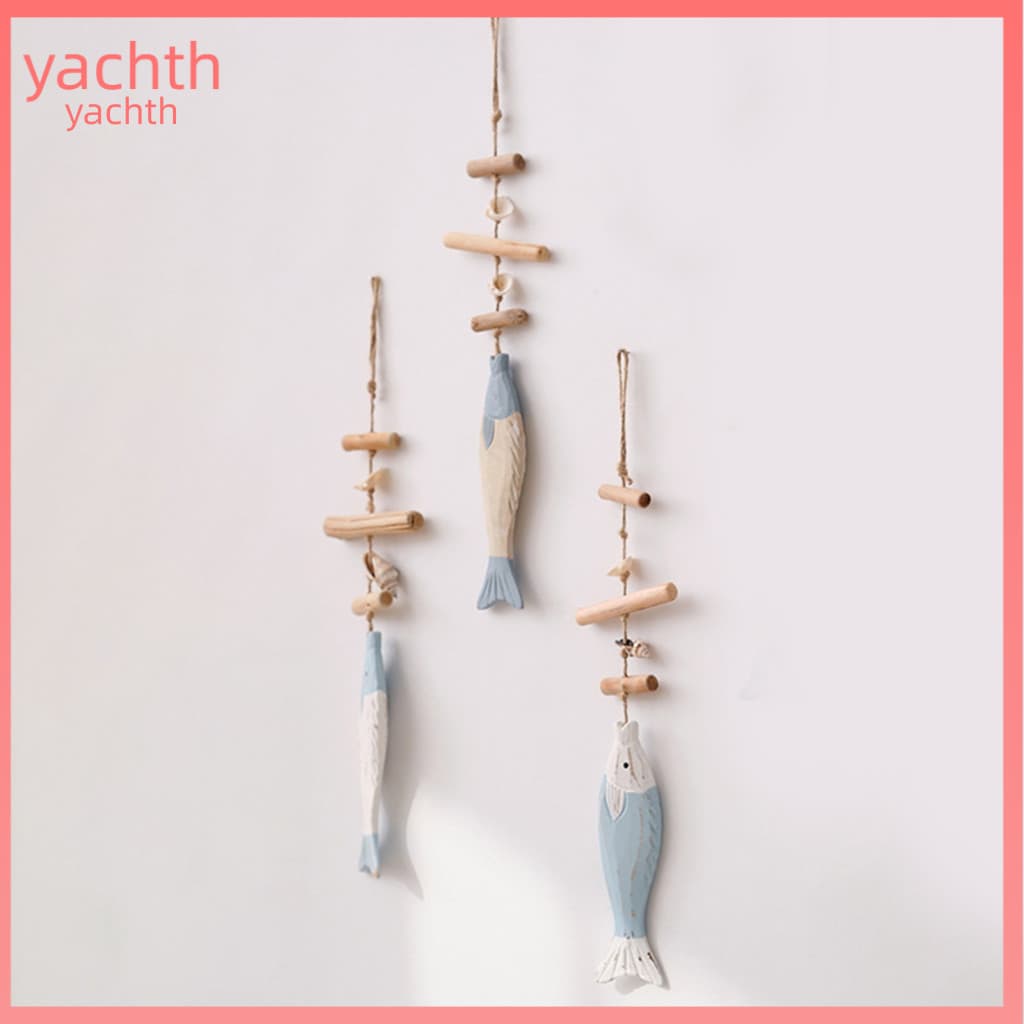 Decorative Fish Charm Handmade Small Pendant Wall Decor with Hemp Rope – Solid Wood Coastal Style Ornament Easy to Han
