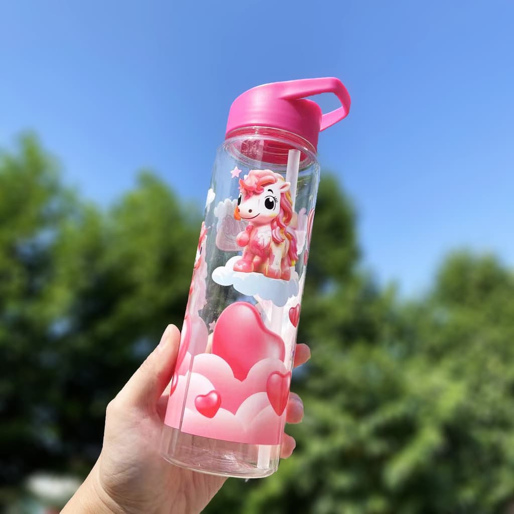 Copo criativo personalizado com padrão de desenho animado, garrafa de água com canudo, copo plástico portátil, garrafa d