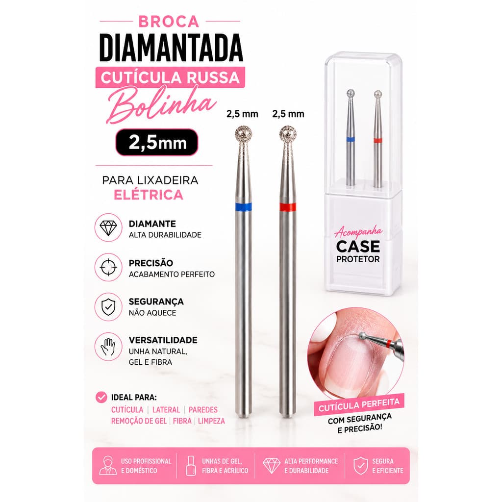 Broca Diamantada Bolinha 2,5mm Cutícula Russa Para Lixadeira Elétrica Unha Gel Fibra Nail Designer