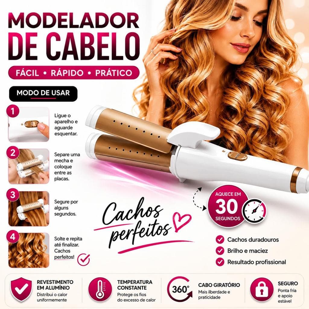 MODELADOR DE CACHOS PROFISSIONAL CERÂMICA BIVOLT – CACHOS E ONDAS - AQUECIMENTO RÁPIDO