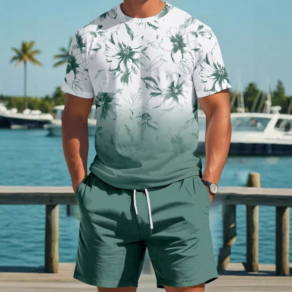Novo conjunto de shorts de duas peças com cor em degradê, traje esportivo masculino, padrão casual de manga curta para p