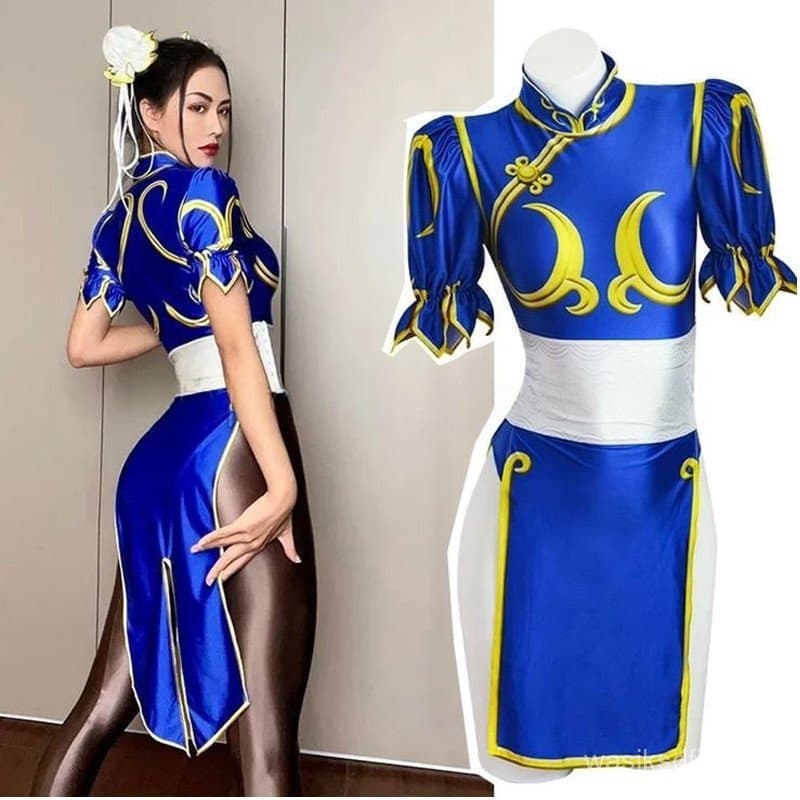 Street Fighter Chun Li Cosplay Jogo Chunli Azul Cheongsam Com Cocar E Cintura Traje De Halloween