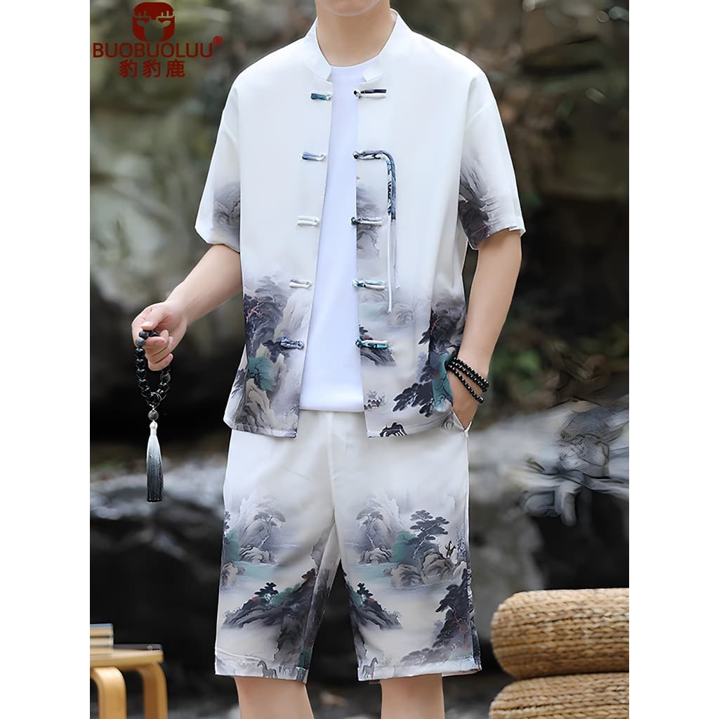 Estilo chinês masculino verão Shorts de manga curta terno estilo fino Tang terno Cardigan de seda gelo botão Retro Hanfu
