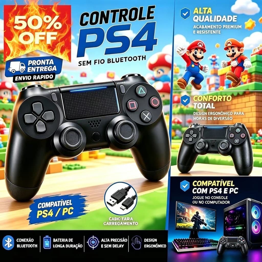 KIT4 Controle Sem Fio Bluetooth para PS4 Compatível com PC, Notebook e Smart TV steam, Joystick Recarregável Preto