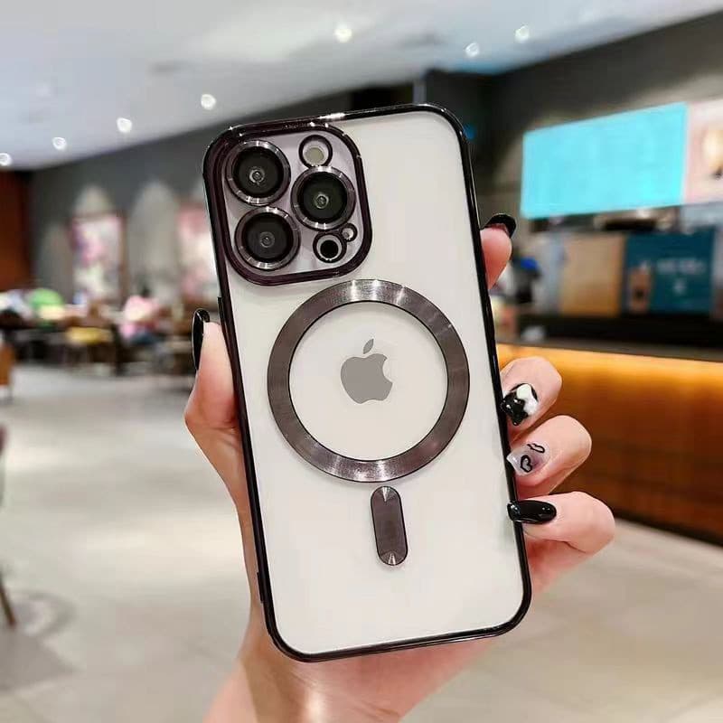 Capa magnética galvanizada adequada para Apple 15PRO, vem com película para lente, capa macia de TPU para iPhone 14.