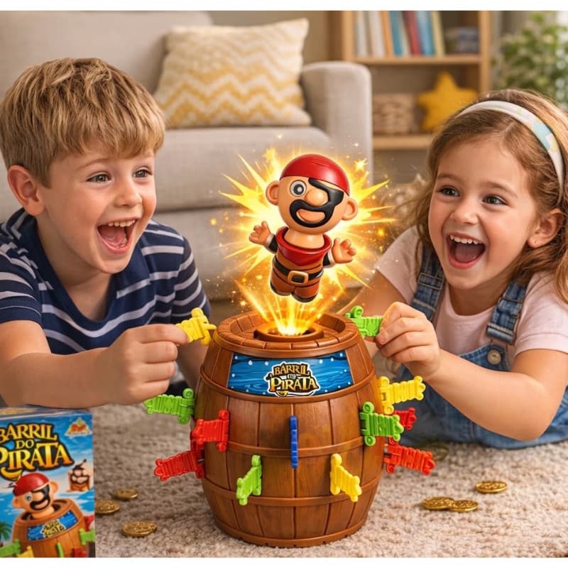 Jogo Pula Pirata Barril Grande Com 10x16cm e 16 Espadas Brinquedo Infantil Educativo Interativo Divertido