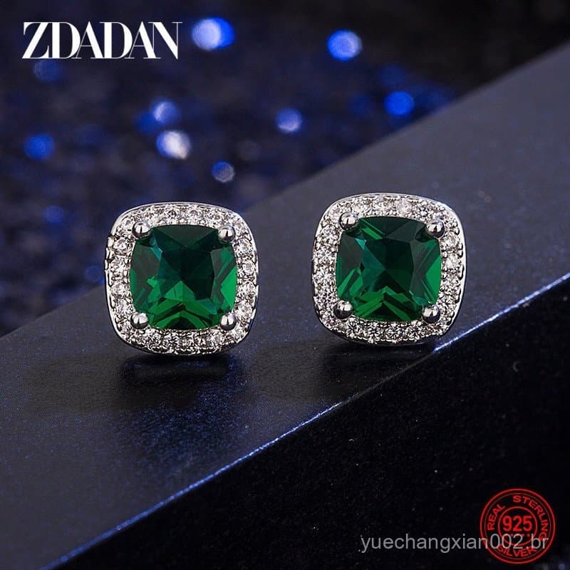 ZDADAN 925 prata esterlina 9 mm brincos quadrados esmeralda, joias da moda feminina.
