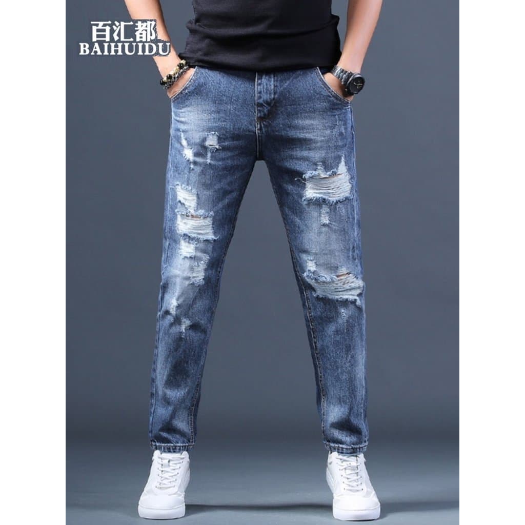 Beggar Denim masculino bonito calças até o tornozelo calças de rua na moda Jeans rasgados calças masculinas mendigo