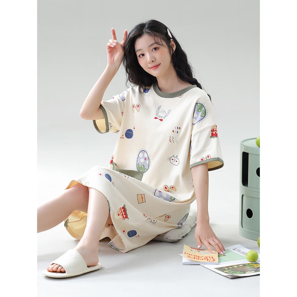 2024 novo estilo camisola feminina verão puro algodão manga curta comprimento médio versão coreana Casual estilo fino es