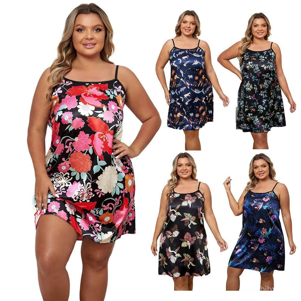 Camisola de dormir feminina plus size, camisola de seda sintética estampada, roupa de casa feminina 7.21