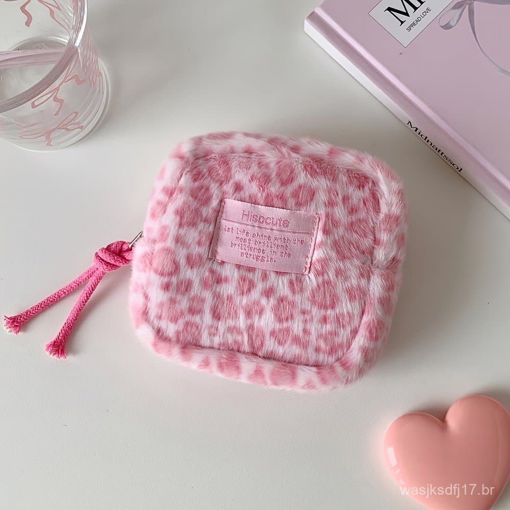 1 unidade de bolsa de cosméticos de pelúcia com estampa de leopardo em 6 cores, bolsa de maquiagem mini quadrada quente