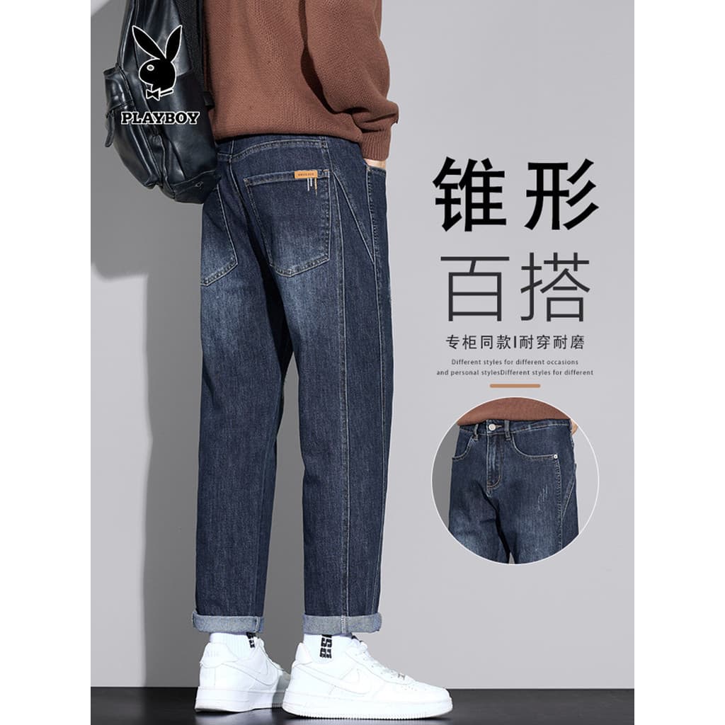 Playboy High-End Retro Jeans masculino solto outono Street Wear Puffer bonito lavado Casual calças retas