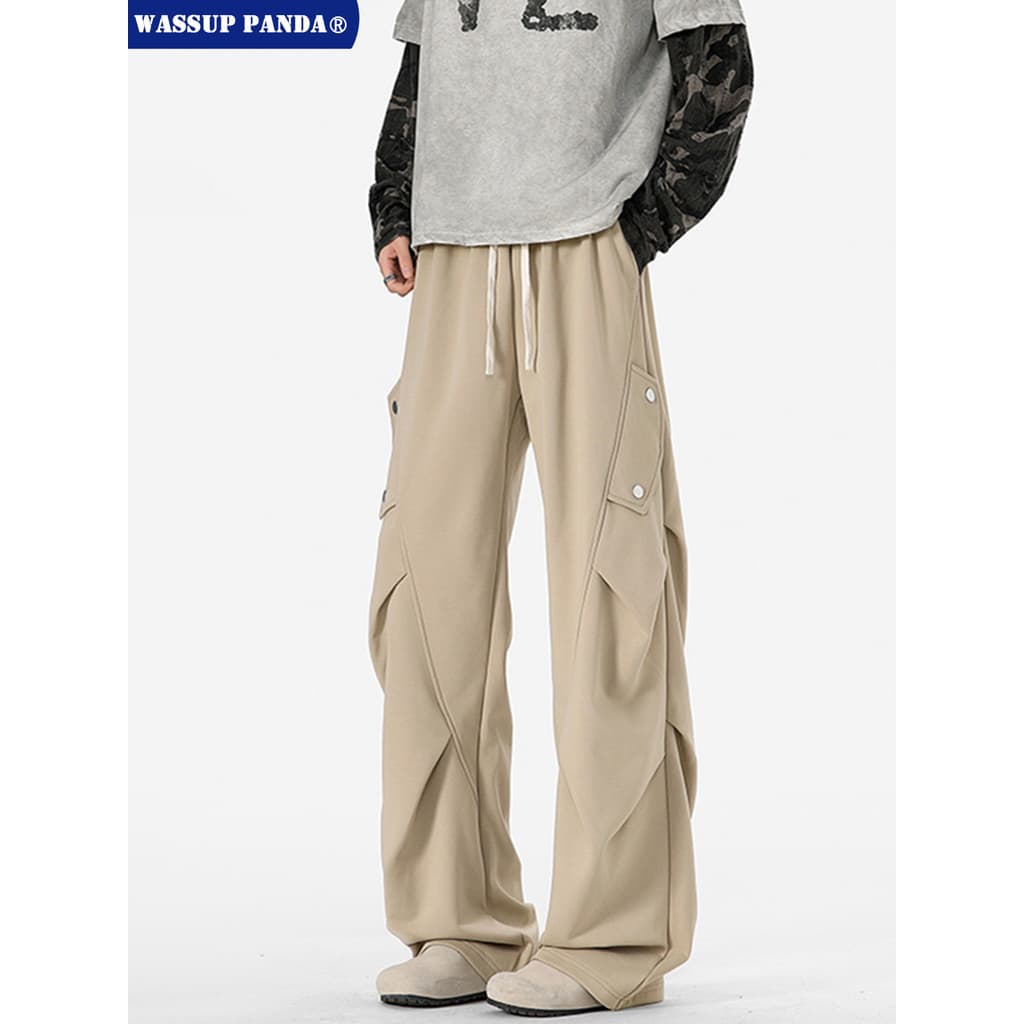 WASSUP PANDA Design Americano Sentindo Macacão Plissado Masculino Primavera Outono High Street Solto Calças Casuais de P