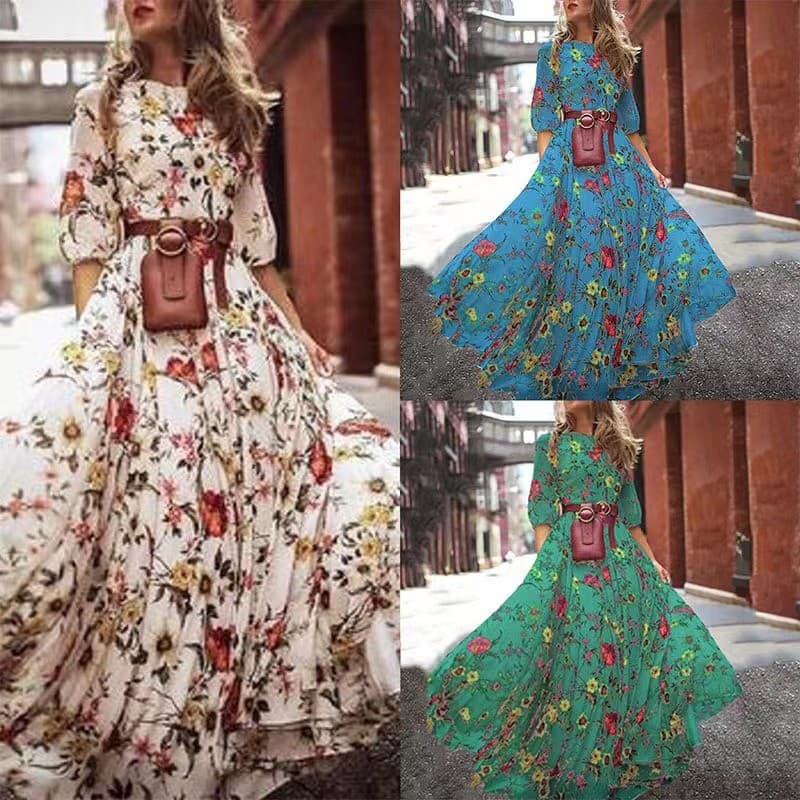 Saia longa estampada 2026 comércio exterior estilo viajante retrô grande balanço gola redonda vestido Floral