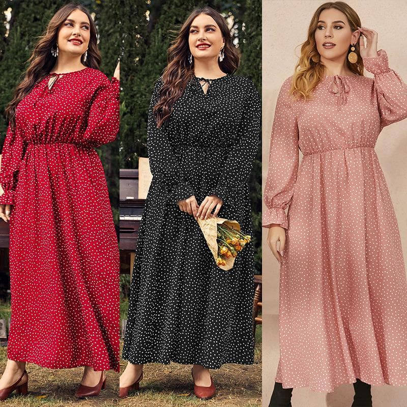 Vestidos femininos plus size com estampa de bolinhas soltas gordas mm vestido de manga comprida
